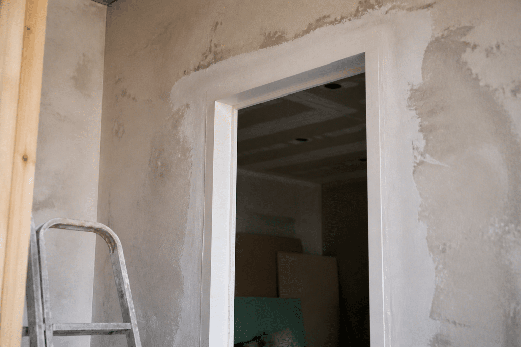 Cadre de porte vertical installé avec enduit blanc frais