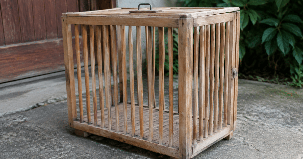 Cage en bois avec barreaux verticaux posée sur le sol