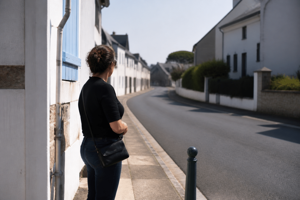 Personne observant une rue bretonne depuis trottoir ensoleille
