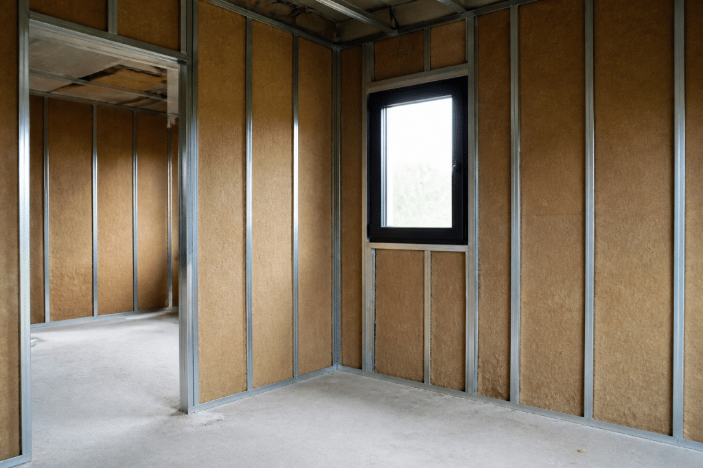 Couches isolantes avec fibre bois et ossature métallique visible
