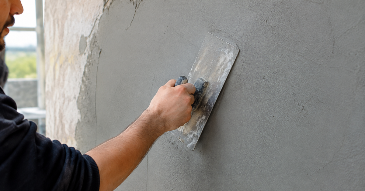 Mains appliquant couche lisse grise avec outil metal