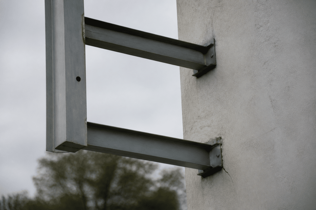 Charpente metallique fixee au mur avec espace vide