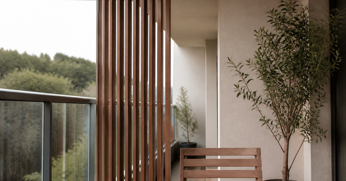 Panneau bois ajoure fixe verticalement sur balcon moderne