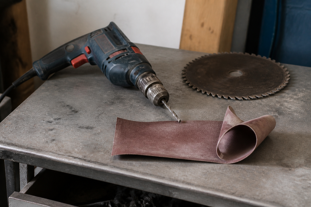 Perceuse scie et papier abrasif sur etabli gris