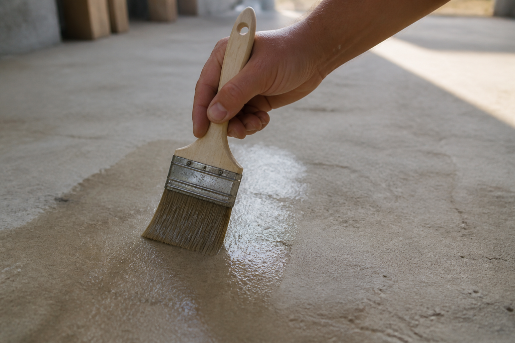 Pinceau appliquant vernis sur surface beton lisse