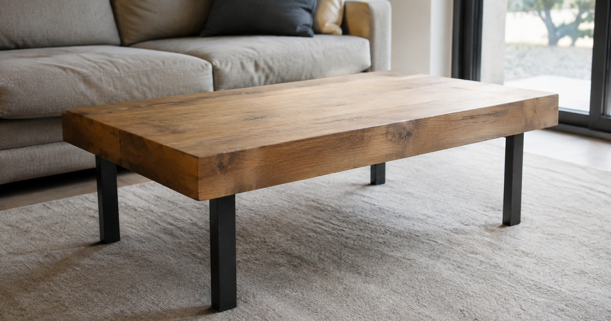 Plateau bois epais pose horizontal quatre pieds metal