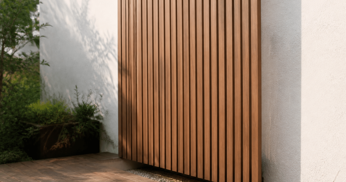 Unite exterieure climatisation dissimilee derriere panneau bois vertical