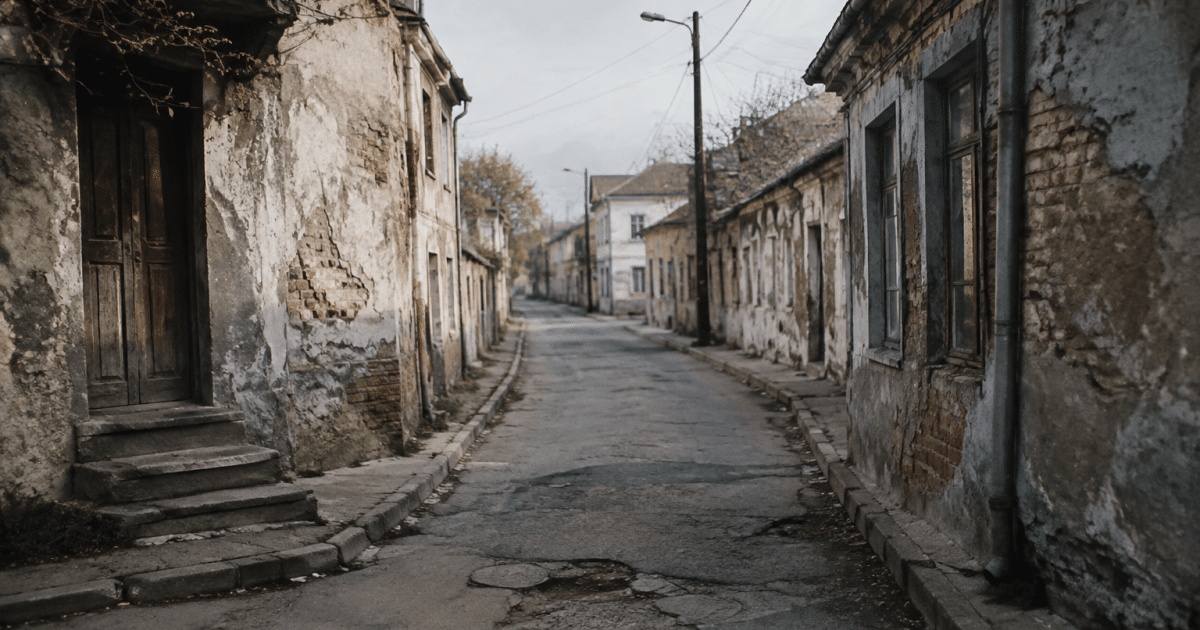 Rue urbaine delabree avec batiments degrades et rues desertes