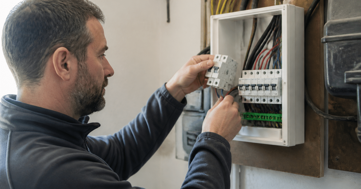 Technicien remplaçant fusibles anciens par disjoncteurs modernes dans boîtier électrique
