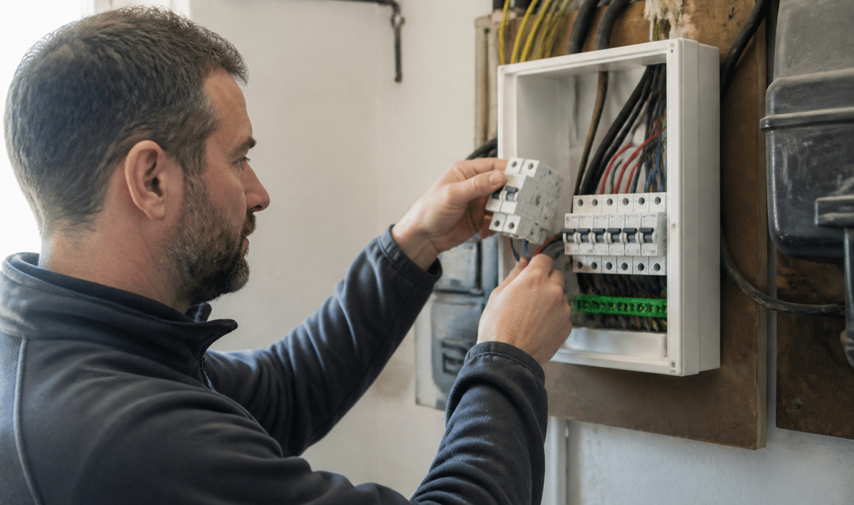 Technicien remplaçant fusibles anciens par disjoncteurs modernes dans boîtier électrique