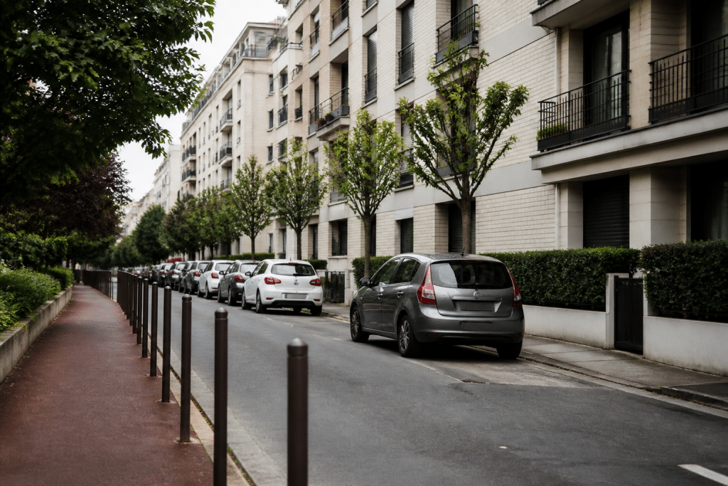 Rue urbaine avec batiments residentuels et panneaux securite
