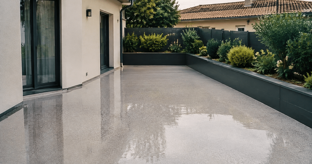 Surface de terrasse en resine brillante avec tarif affiche au metre carre