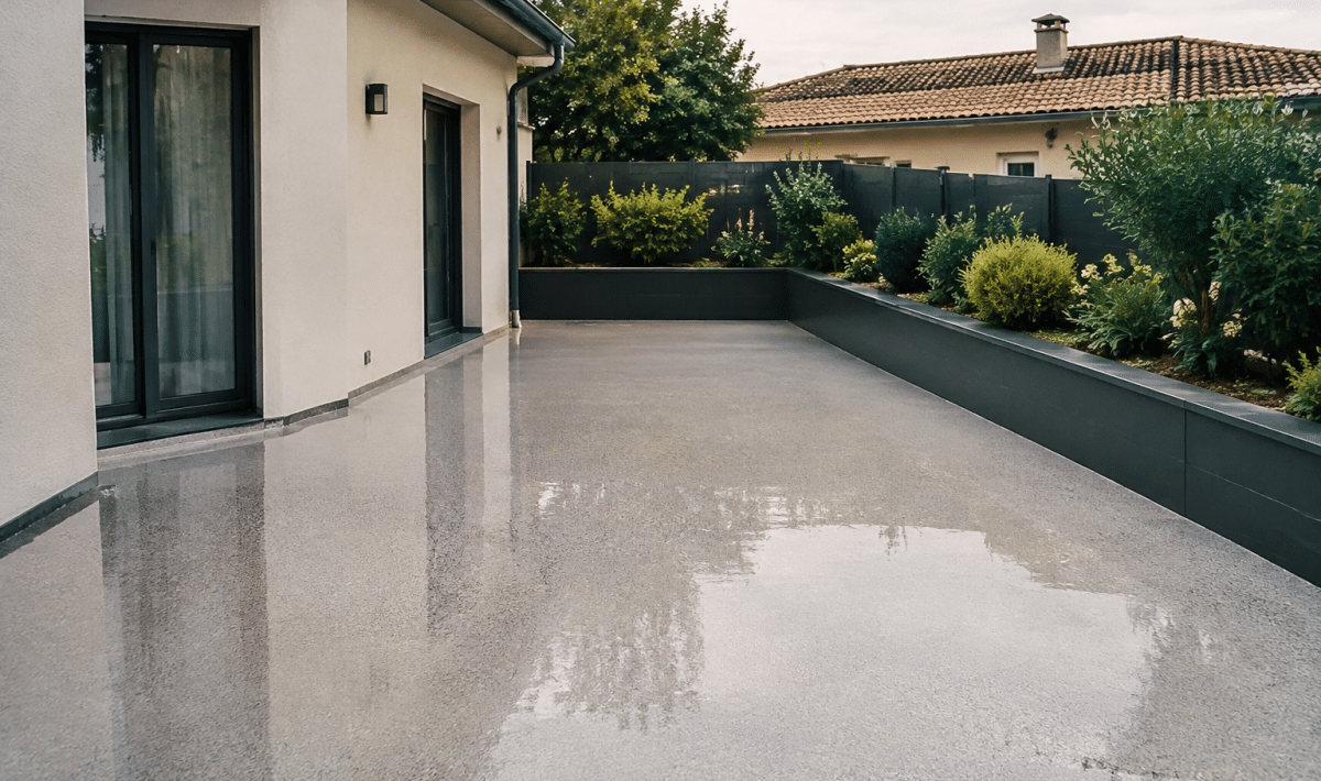Surface de terrasse en resine brillante avec tarif affiche au metre carre