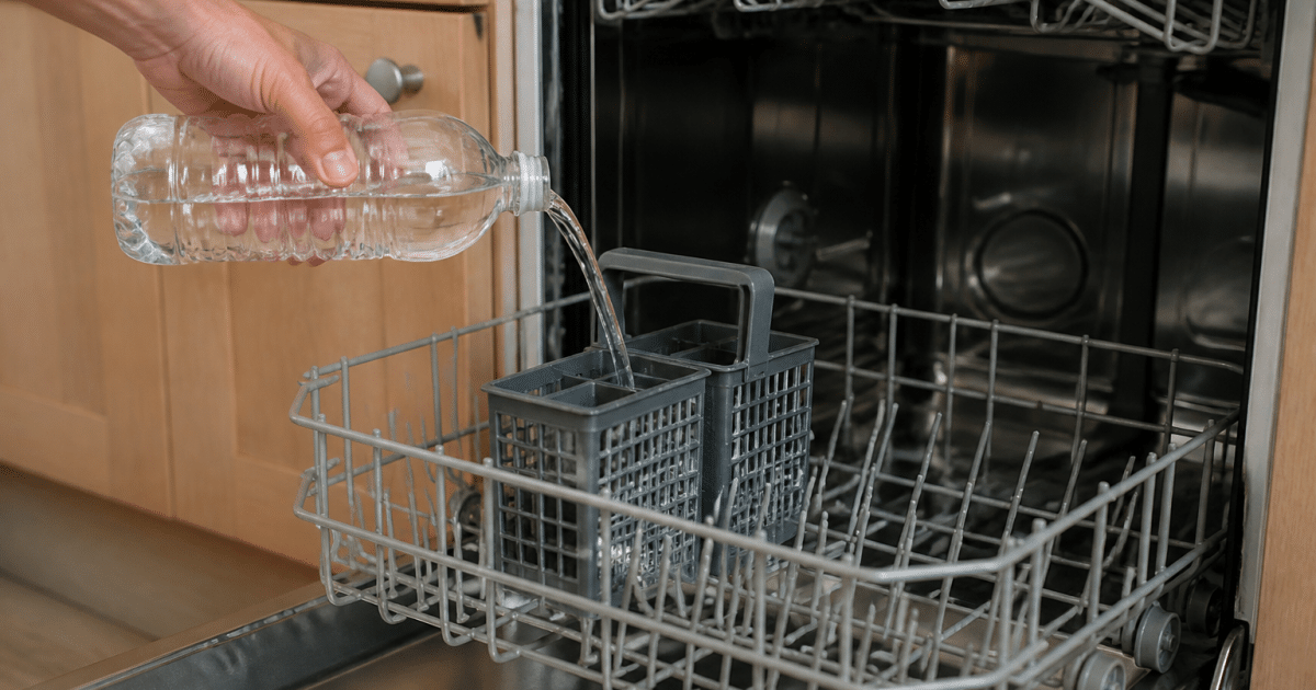 Vinaigre blanc versé dans panier ouvert lave-vaisselle