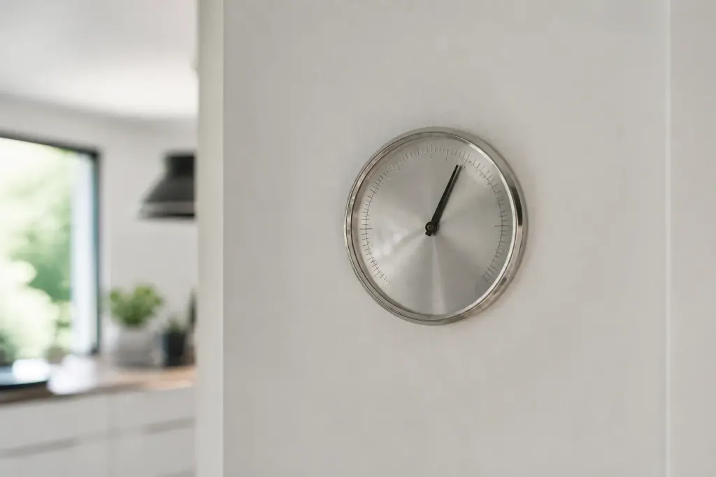 Cadran manometre argente sur mur blanc de cuisine