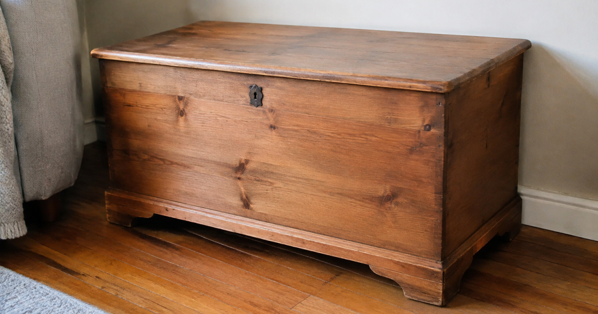 meuble coffre bois ferme contre mur interieur