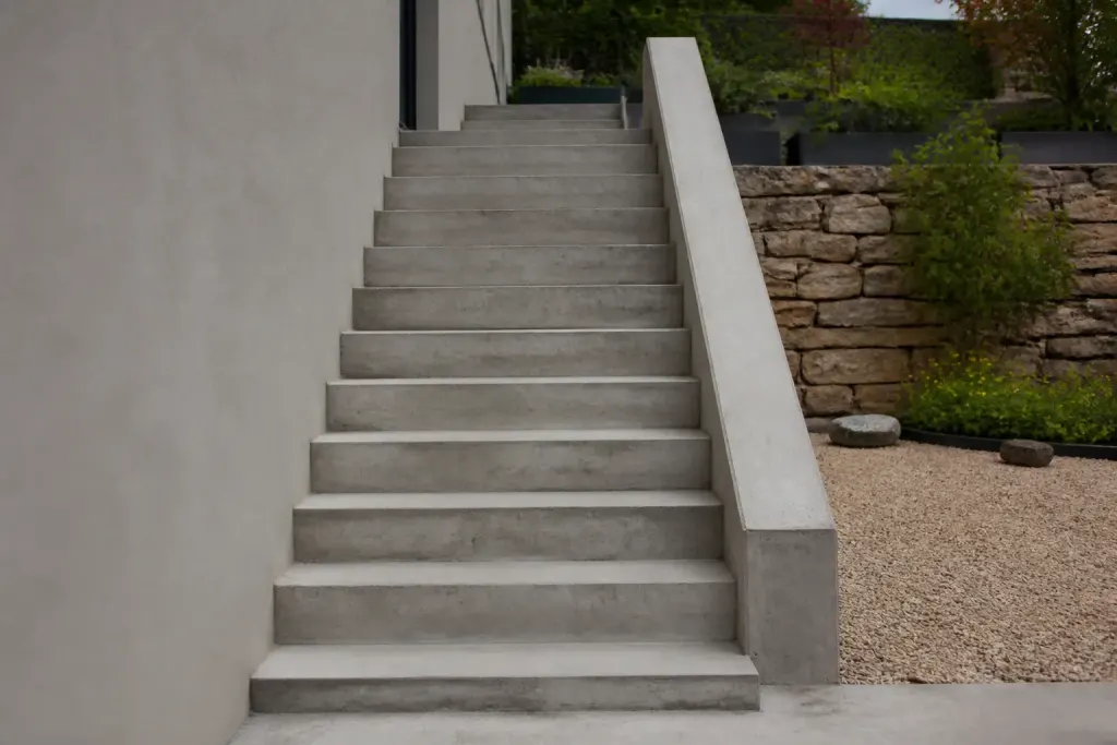 Escalier beton droit gris menant terrasse exterieur