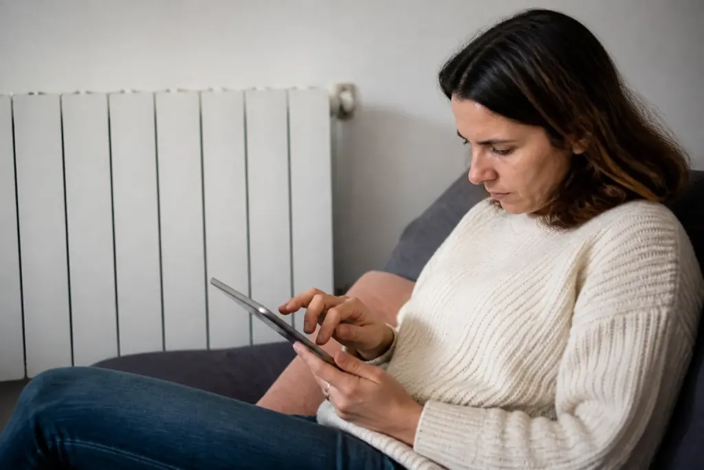 Femme comparant des prix sur tablette devant radiateur blanc