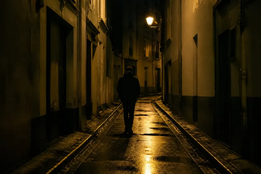 Pieton marche seul rue obscure eclairage public