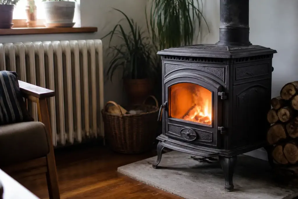 Poele en fonte allume dans un salon avec radiateur
