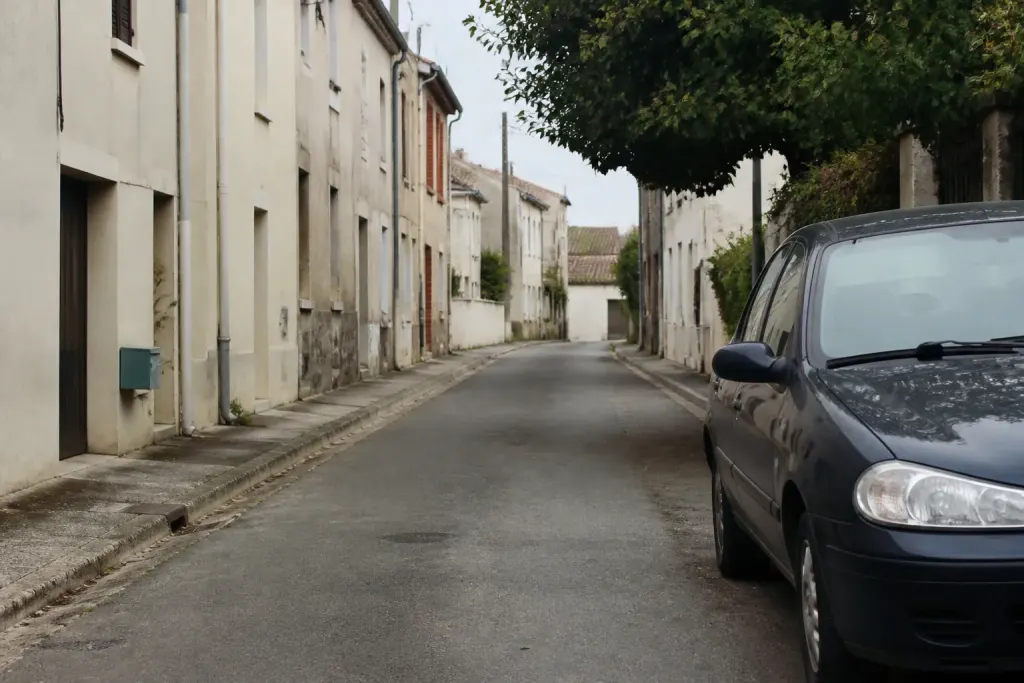 Rue calme bordee de maisons et voiture garee devant