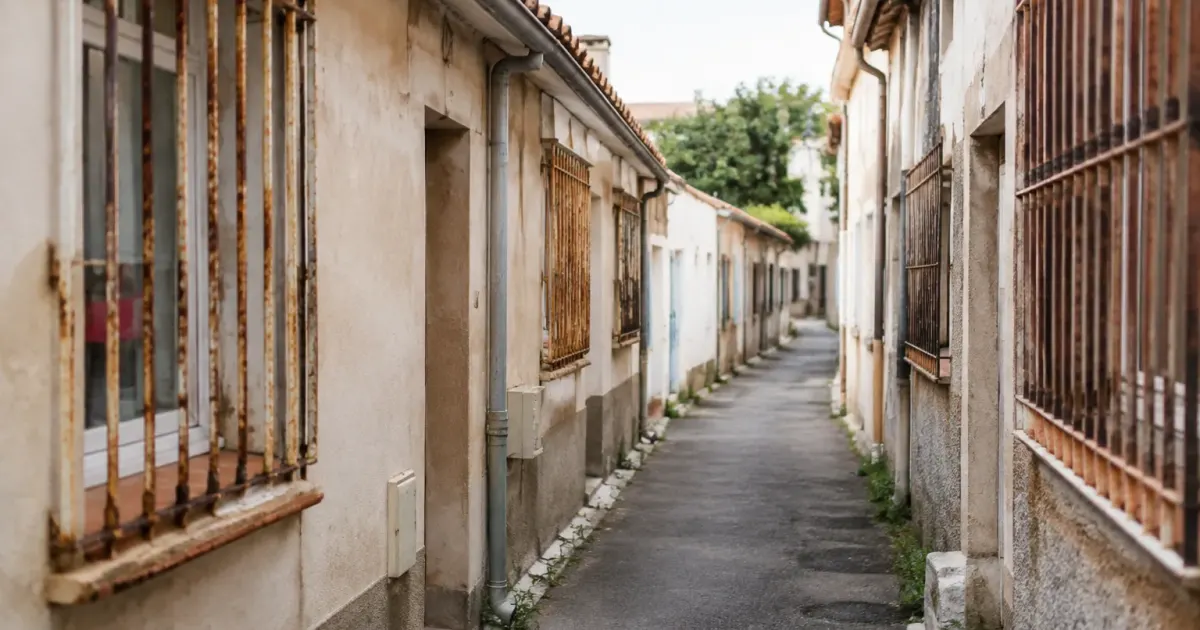 Rue etroite bordee de maisons basses aux grilles rouillees