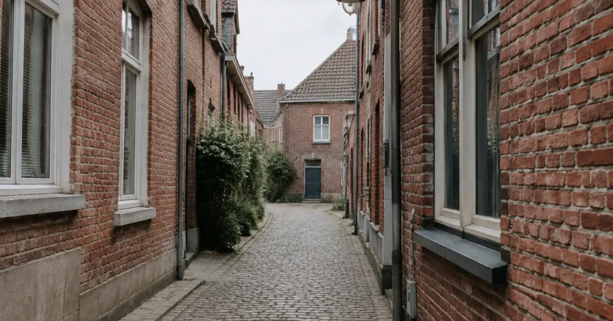 Rue etroite bordee de maisons en briques rouges