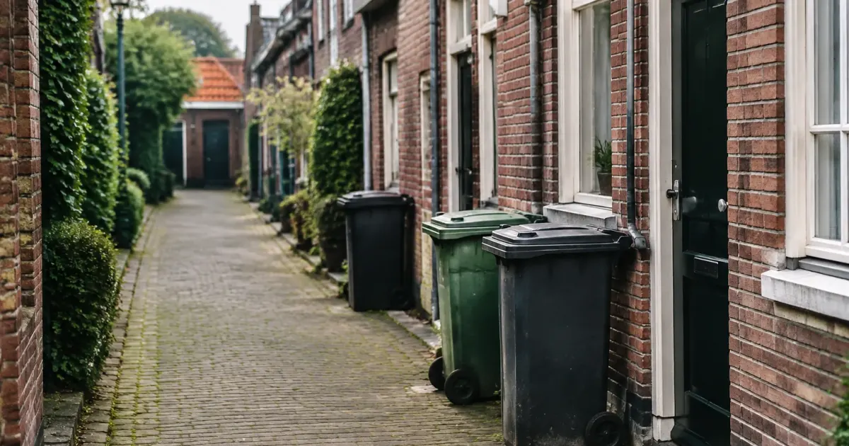 Rue etroite avec poubelles devant maisons en briques