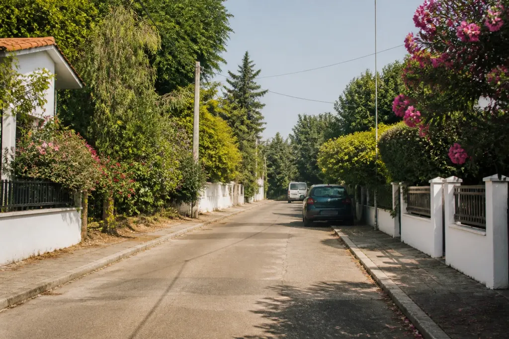Rue residentielle calme bordee de maisons avec jardins fleuris