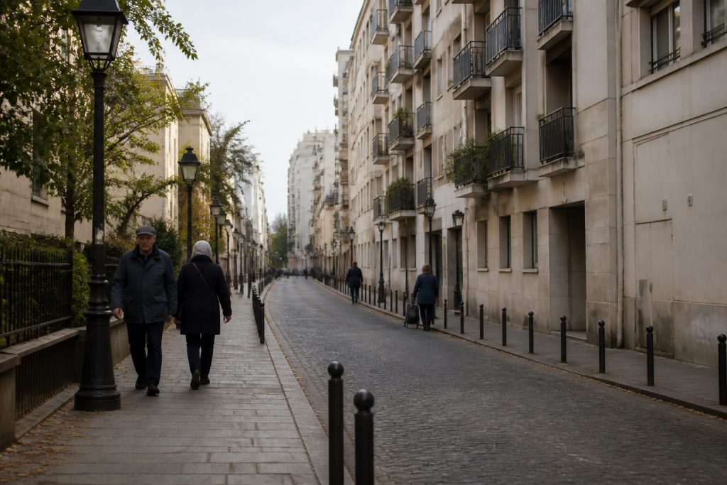 Rue urbaine avec immeubles residentiels lampadaires et pietons