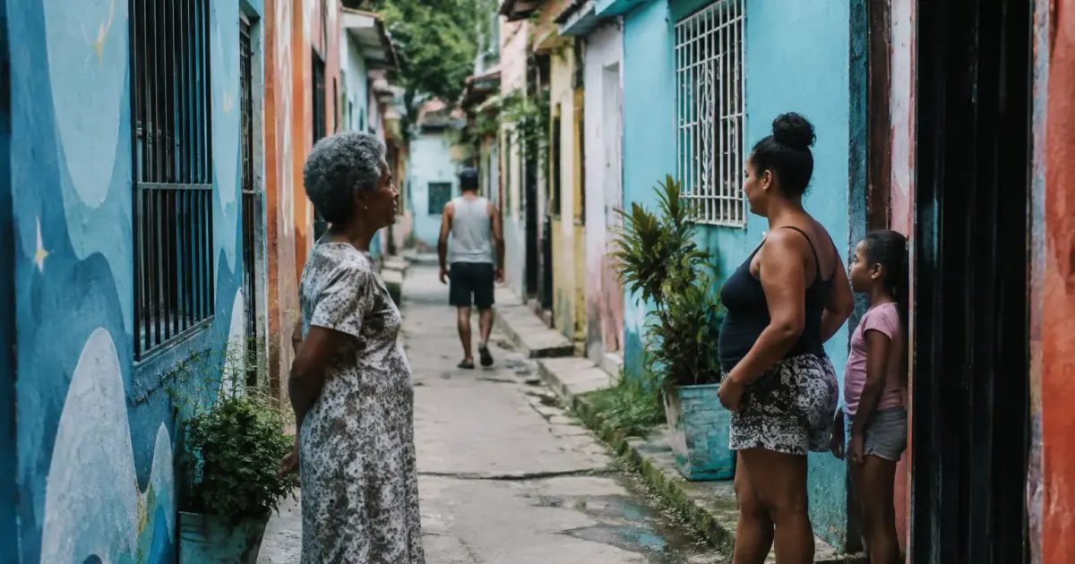 Ruelle urbaine avec facades peintes et residents locaux debout