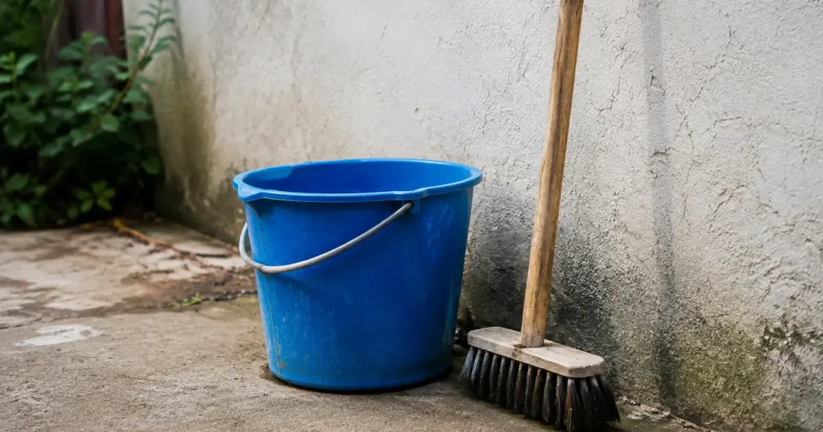 Seau et brosse poses au pied d'un mur exterieur
