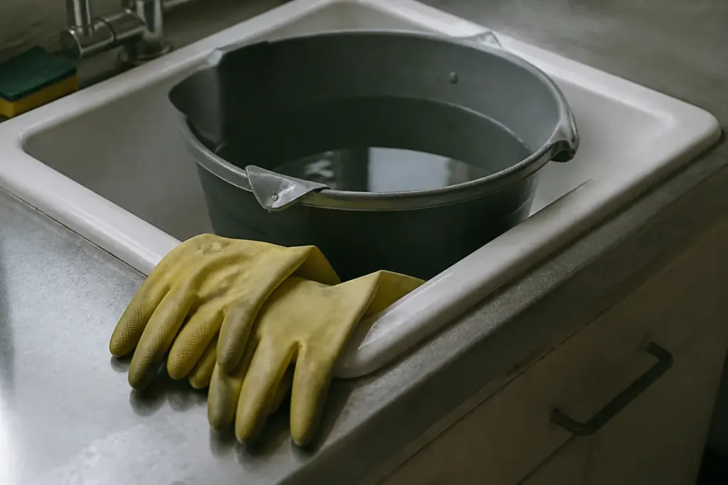 Seau d'eau tiede et gants jaunes sur evier