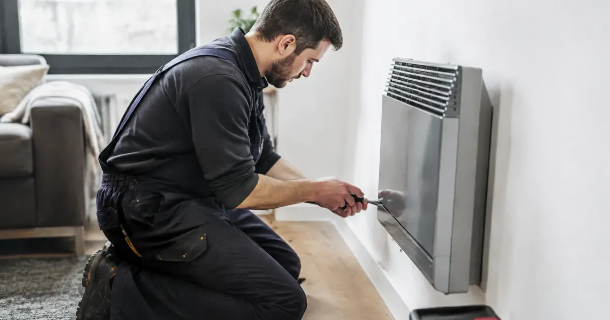 Technicien agenouille fixe appareil chauffage mural gris