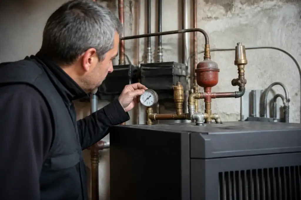 Technicien verifiant un manometre sur un poele hydro