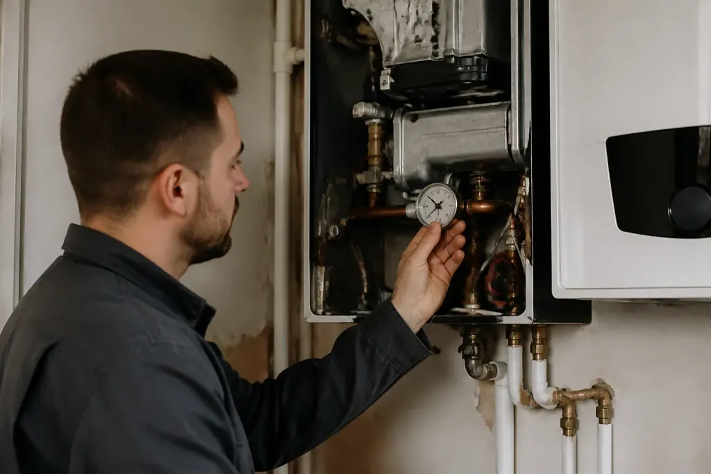 Technicien verifiant un manometre sur une chaudiere murale